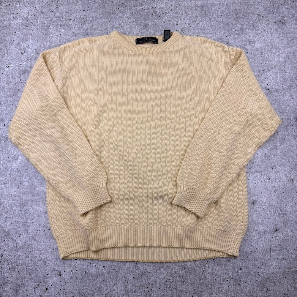 Vintage John Ashford Knit Crew Neck Yellow Cotton Grandpa Sweater Mens Medium